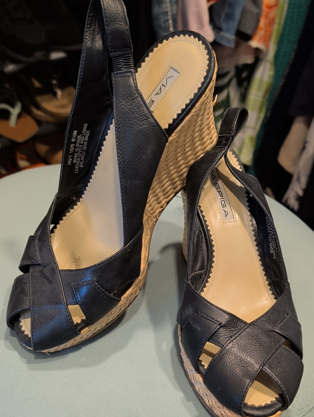 Via Spiga Black Leather Woven Wedge Sandals